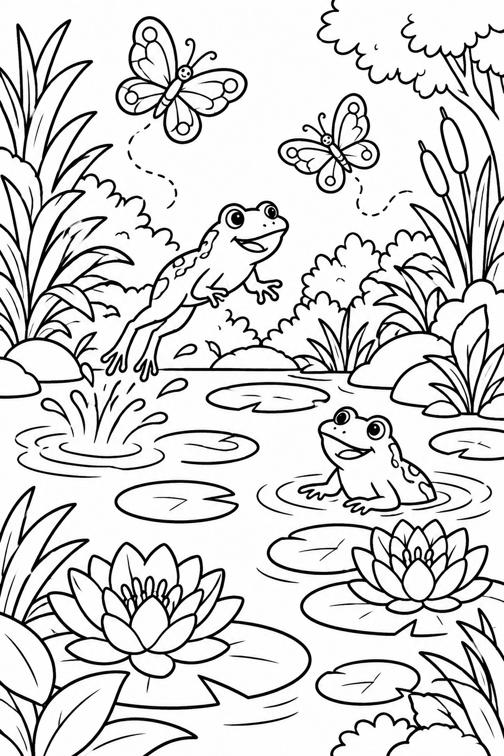 Whimsical Pond Paradise coloring page: A hidden pond surrounded by lush greenery, where frogs leap joyfully and gentle butterflies flutter above colorful water lilies.
