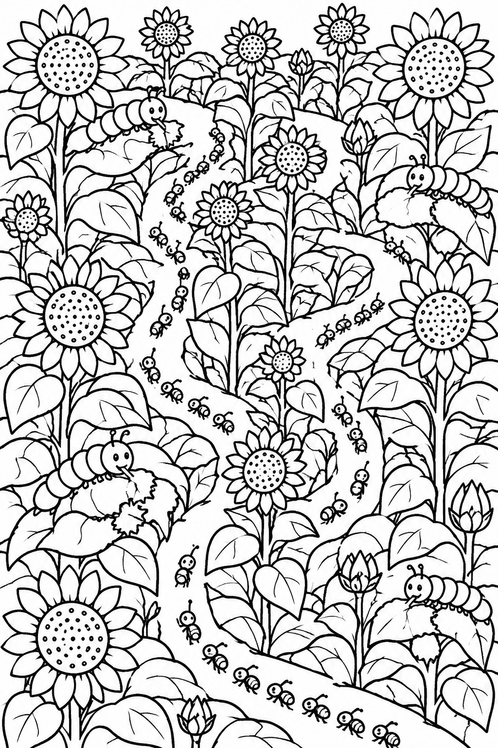 Sunflower Garden Adventure coloring page: A whimsical garden maze made of tall sunflowers, where tiny ants march along their busy paths and caterpillars munch on leaves.