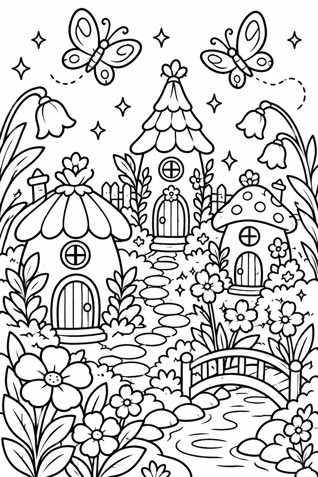 Enchanting Fairy Garden Escape coloring page: This picture shows a magical fairy garden with tiny houses, sparkling flowers, and fluttering butterflies. It's a whimsical scene that invites creativity.