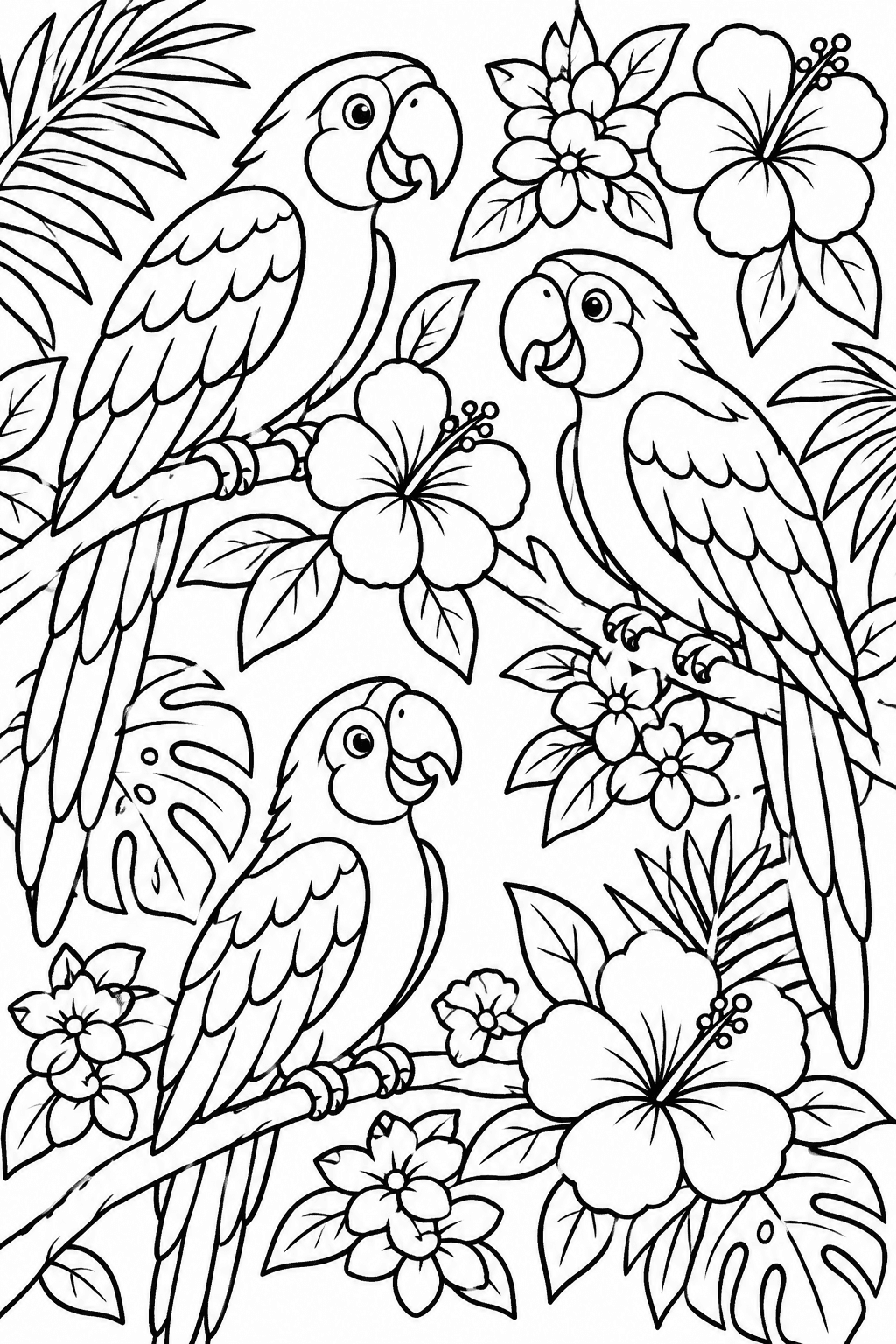 Jungle Joy: Parrots & Blooms coloring page: Explore a vibrant jungle scene with playful parrots perched on blooming branches and colorful blossoms everywhere.
