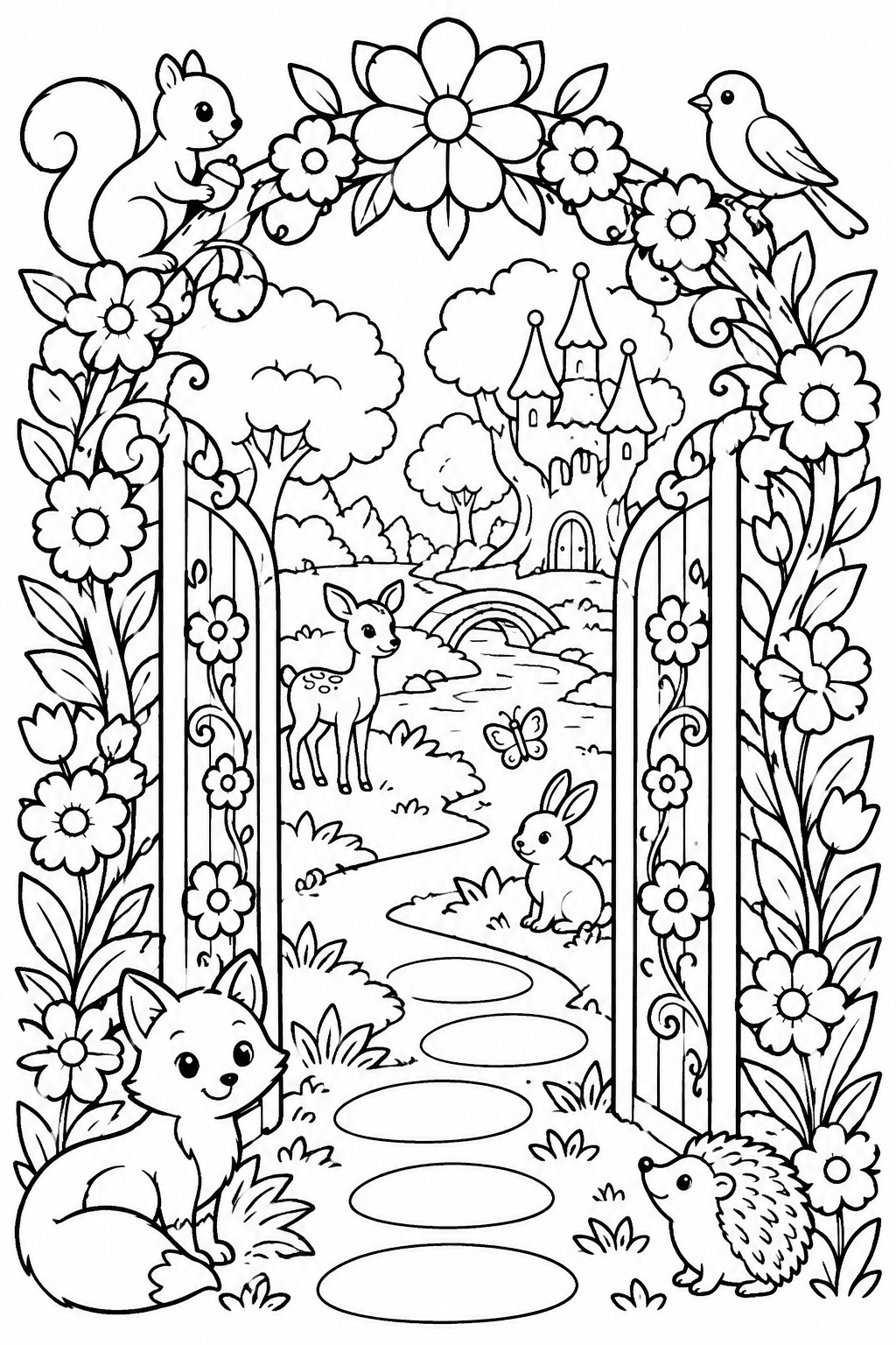 Gateway to Enchanted Wonders coloring page: A magical garden gate made of flowers leads to an enchanted world filled with friendly woodland creatures.