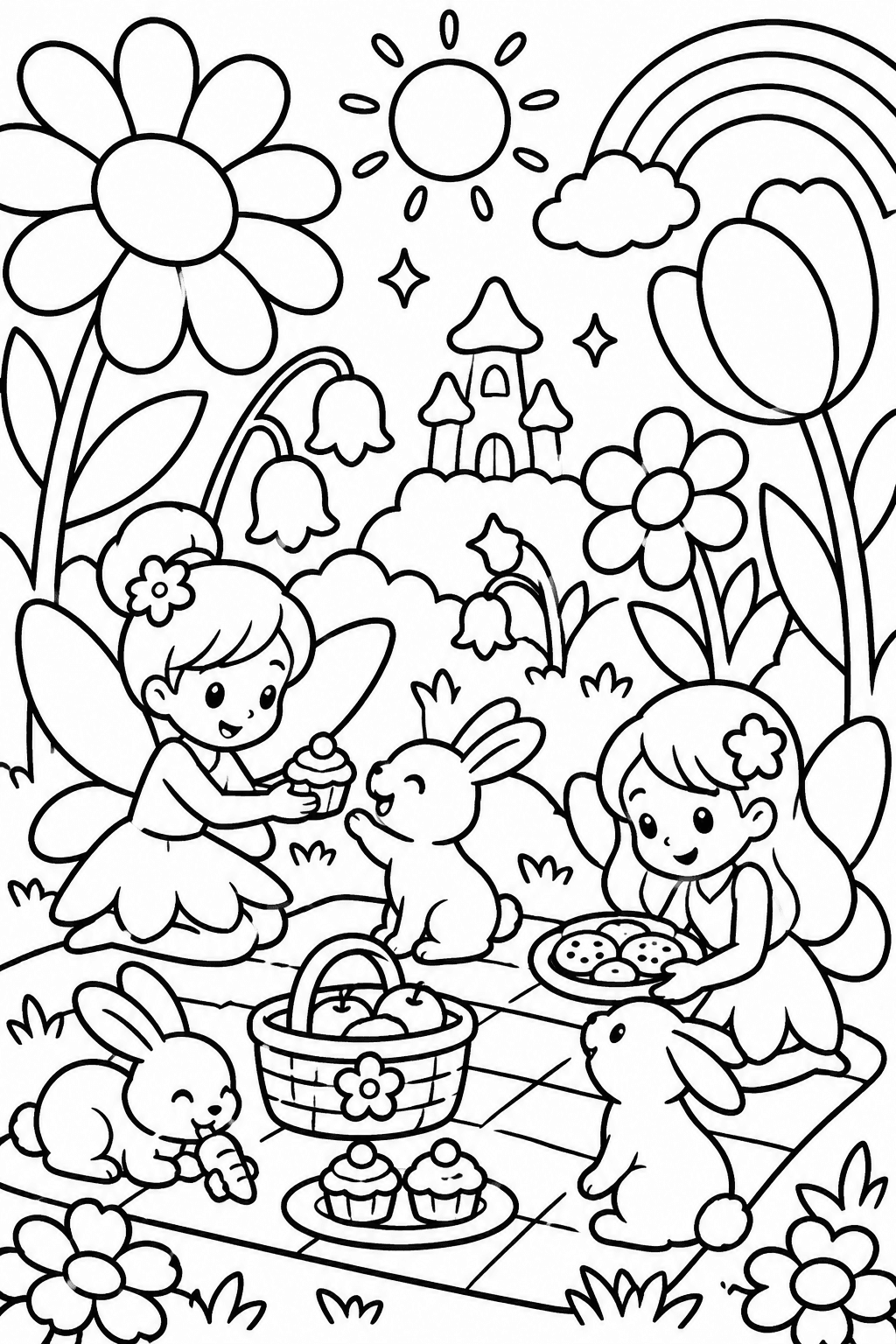 Fairy Picnic in Bloom coloring page: A picnic scene is surrounded by towering, whimsical flowers, where fairies share treats with playful bunnies under a bright, magical sky.