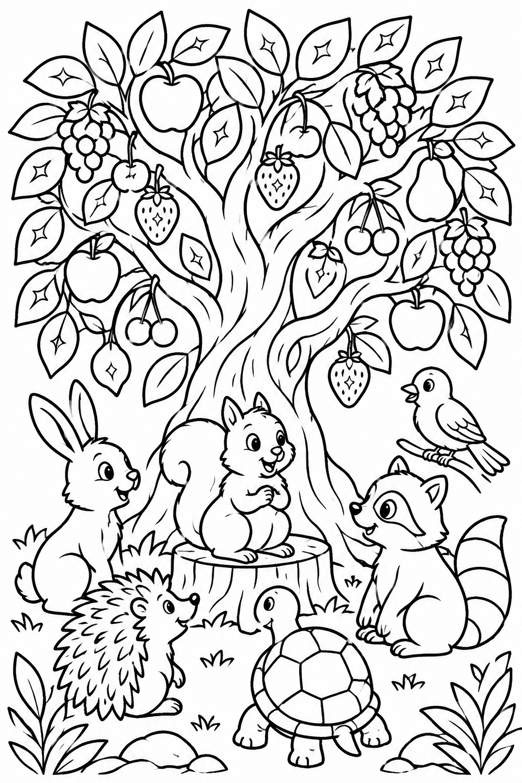 Whimsical Fruit Tree Gathering coloring page: A magical tree filled with vibrant fruits and shimmering leaves is the gathering place for adventurous garden animals meeting for their secret club.