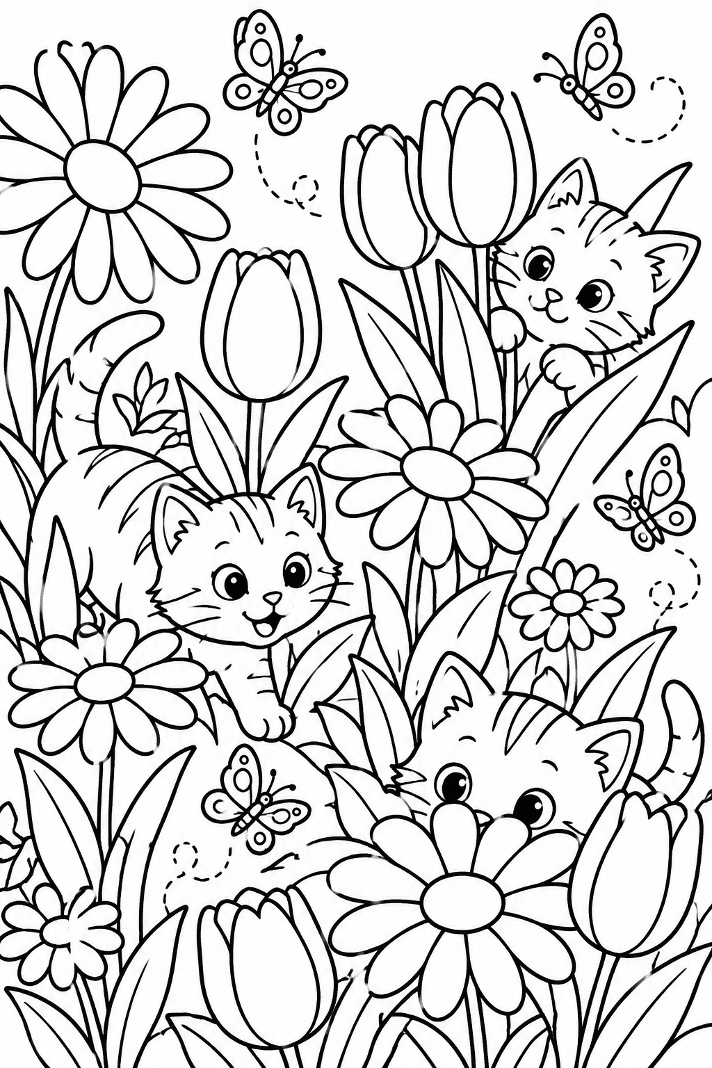 Kittens in Bloom Playtime coloring page: A lively scene shows kittens playing hide and seek among towering daisies and tulips, with butterflies swirling around them.