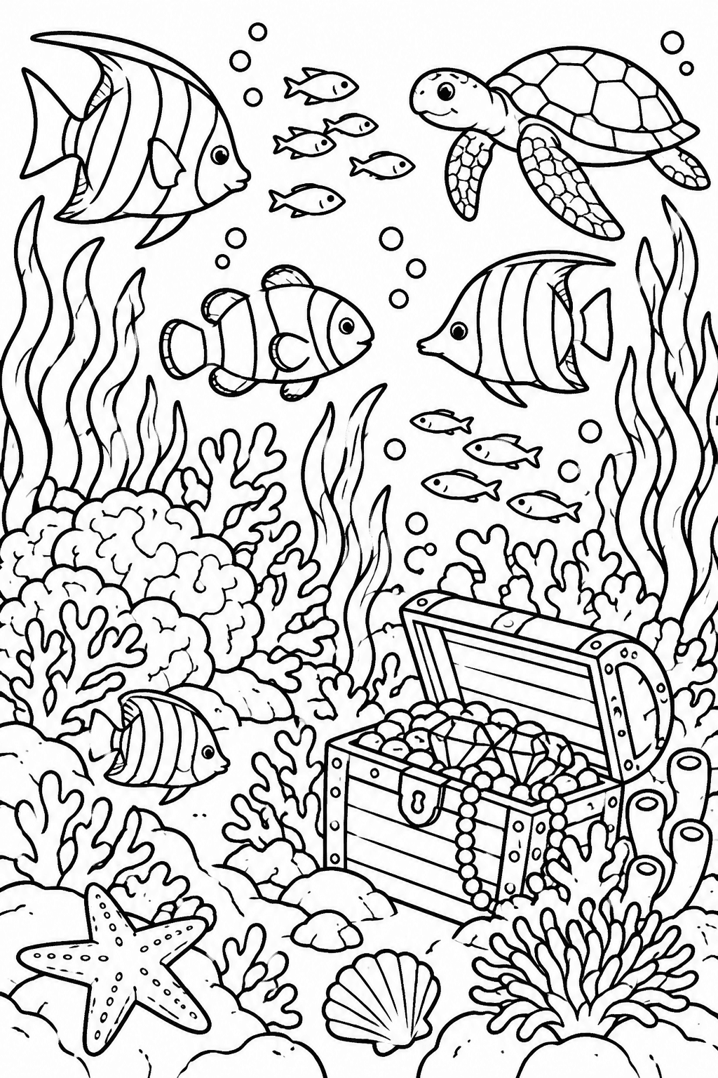 Undersea Treasure Quest coloring page: An undersea adventure features colorful fish, swaying seaweed, and a treasure chest hidden in the coral reef.