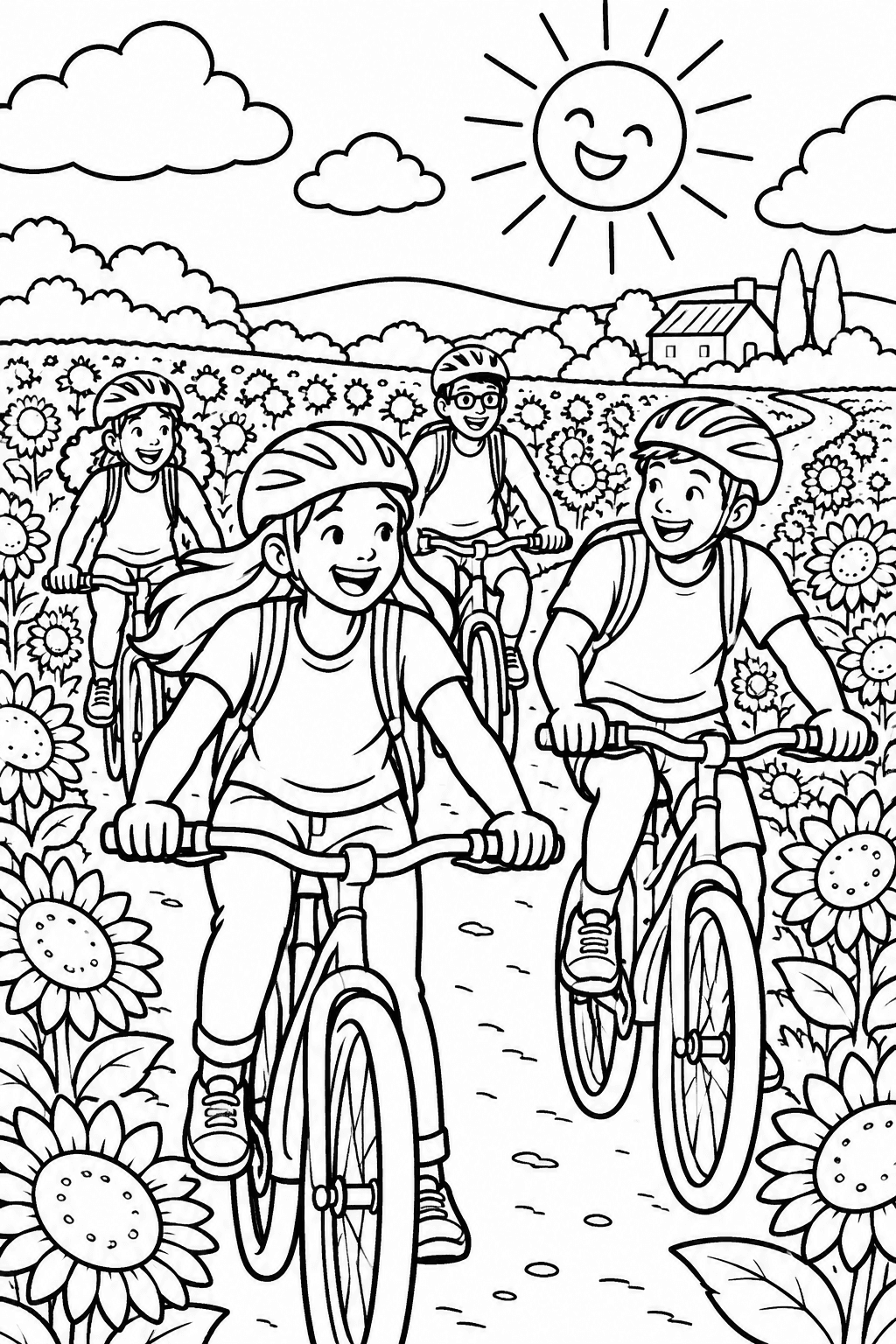 Sunny Fun on Bikes! coloring page: Friends are laughing and riding bikes through a sunflower field under the bright sun. It's a vibrant scene of summer fun on bikes.