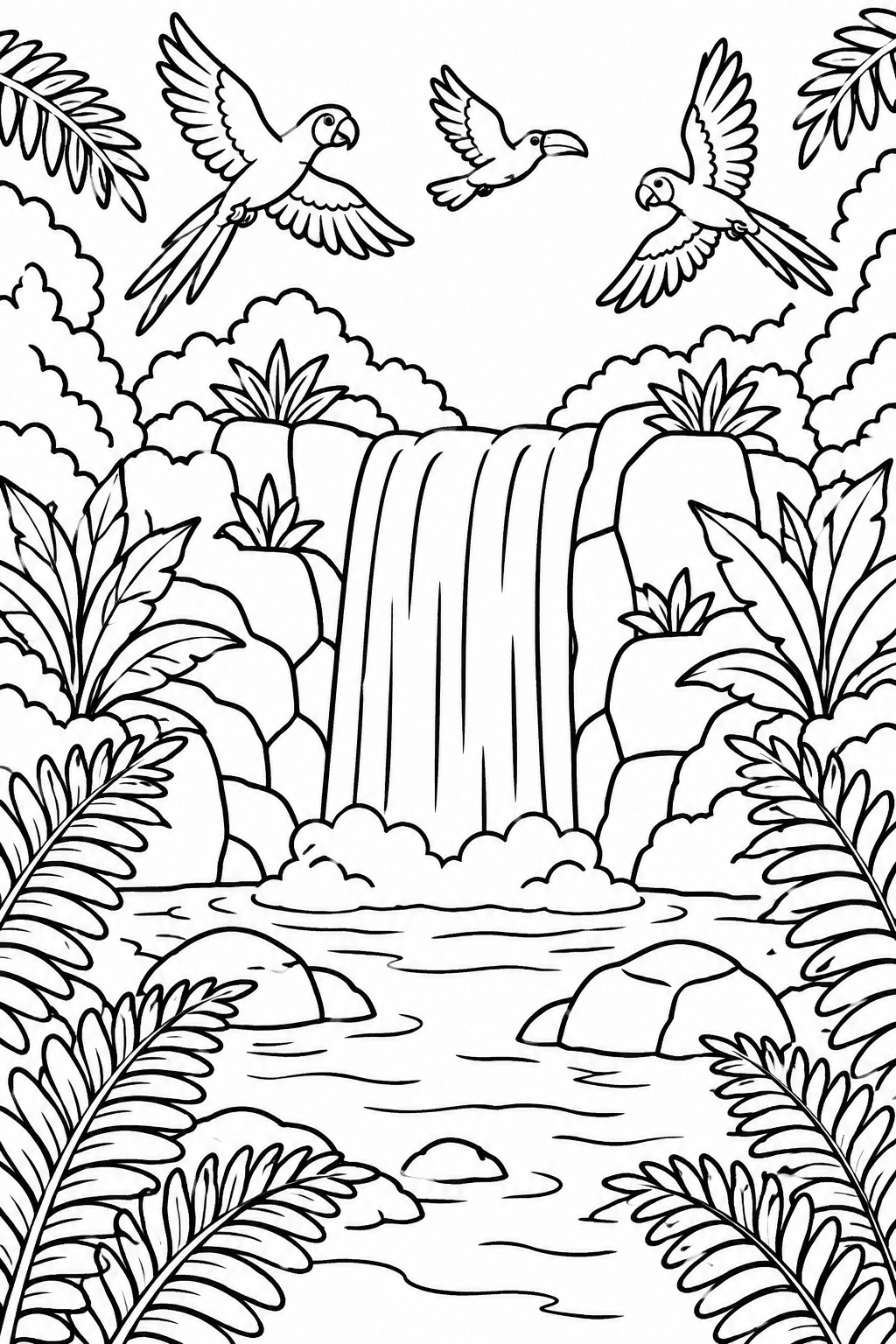 Jungle Waterfall Adventure coloring page: A hidden waterfall in the jungle is surrounded by colorful birds flying above and lush ferns. This scene invites exploration and adventure.