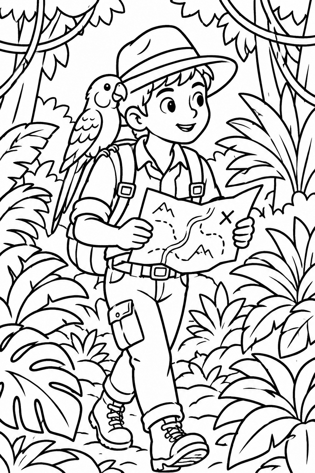 Rainforest Explorer's Adventure coloring page: An adventurous explorer is navigating through a dense rainforest, holding a map while a parakeet perches on their shoulder. This scene captures the thrill of discovery.