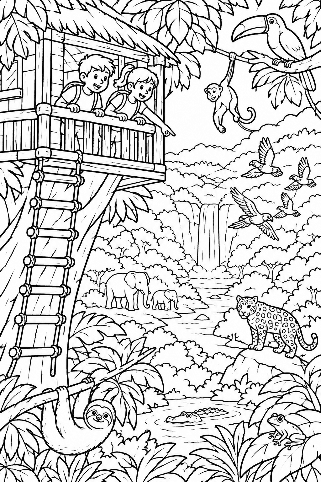 Jungle Treehouse Adventures coloring page: A treehouse high in the jungle canopy allows kids to peek out and see a whole world of wildlife below them. This scene captures the excitement of adventure.