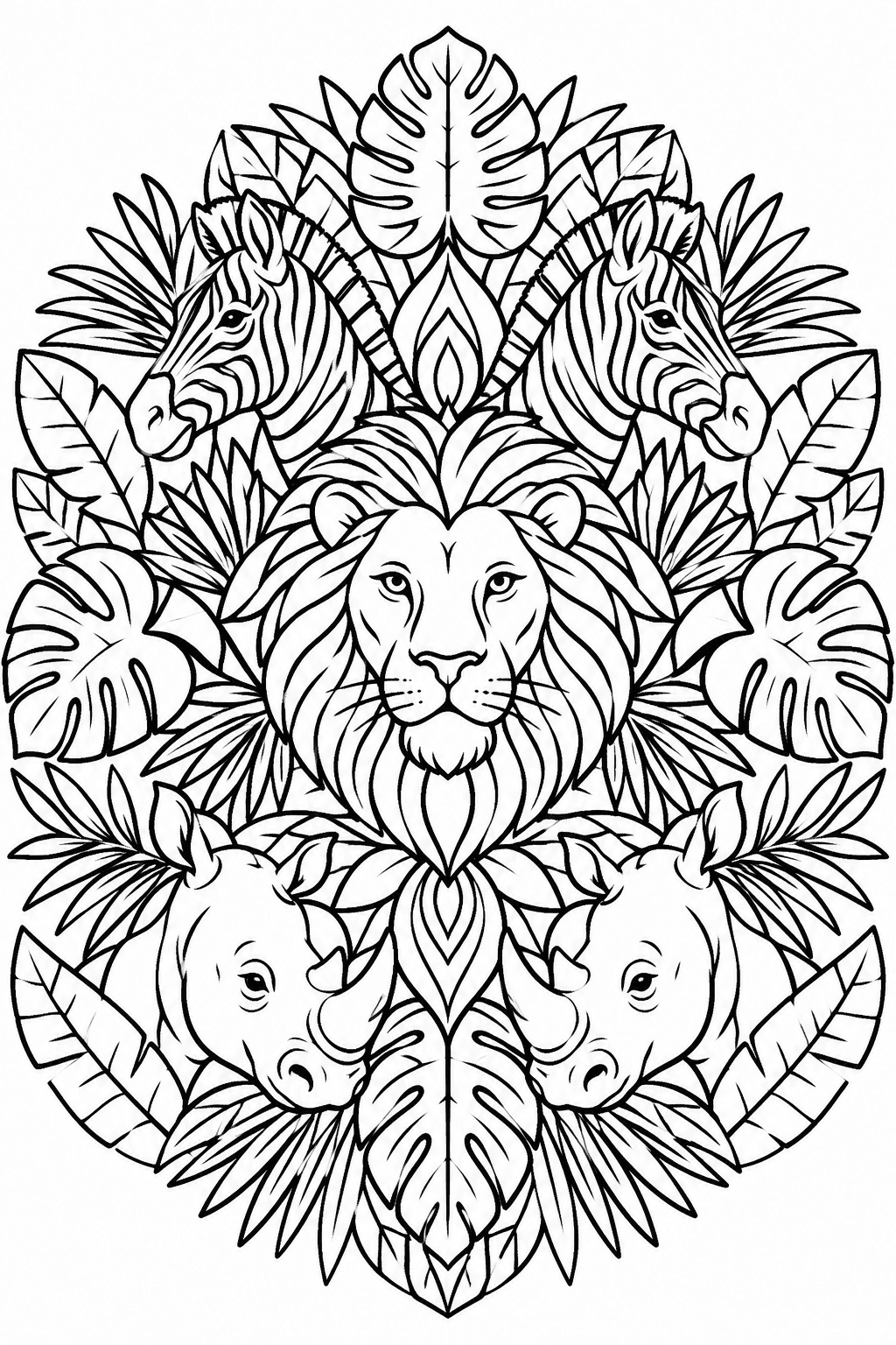 Wildlife Mandala Adventure coloring page: An intricate mandala features famous African wildlife like zebras, lions, and rhinos, intertwined with jungle leaves.