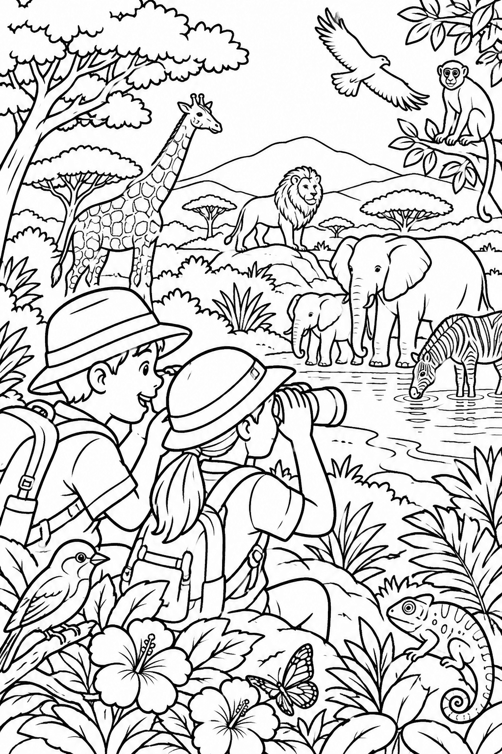 Safari Adventure: Kids & Critters coloring page: Children are sharing binoculars while spotting various safari animals, surrounded by vibrant flora and fauna of their wild adventure.