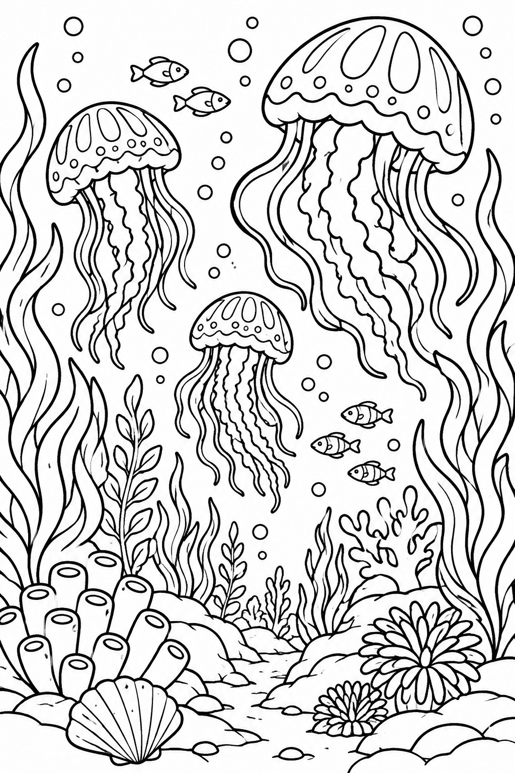 Enchanting Underwater Wonderland coloring page: A magical underwater garden with swaying plants and whimsical jellyfish floating gracefully, revealing nature's wonders.