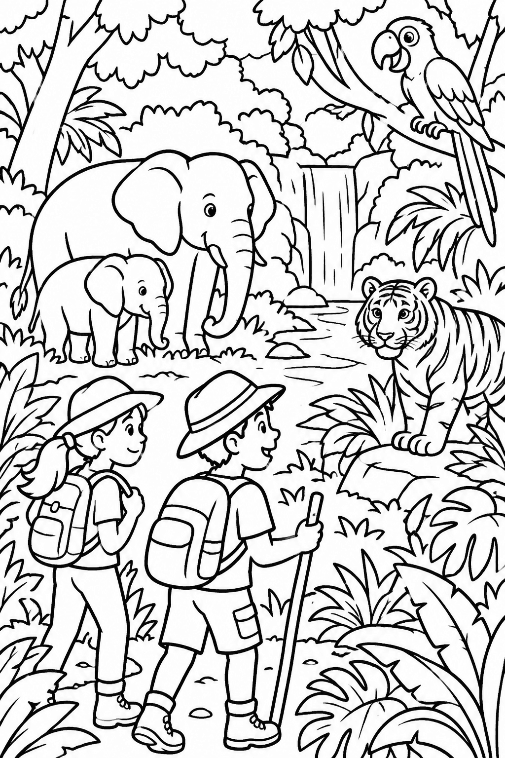 Jungle Safari Adventure coloring page: A safari hike through the jungle spotting wild animals like elephants, tigers, and a cheerful parrot in the treetops.