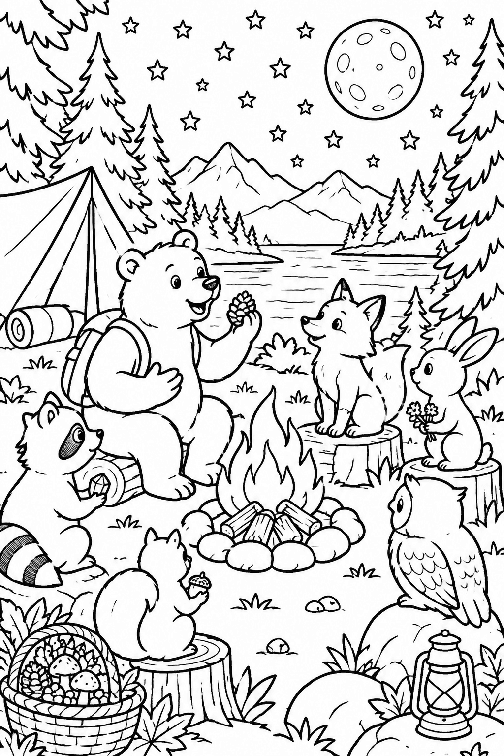 Starlit Tales at Camp coloring page: A whimsical campsite under a starlit sky where animals gather to share stories about their summer adventures and the treasures they found in the forest.
