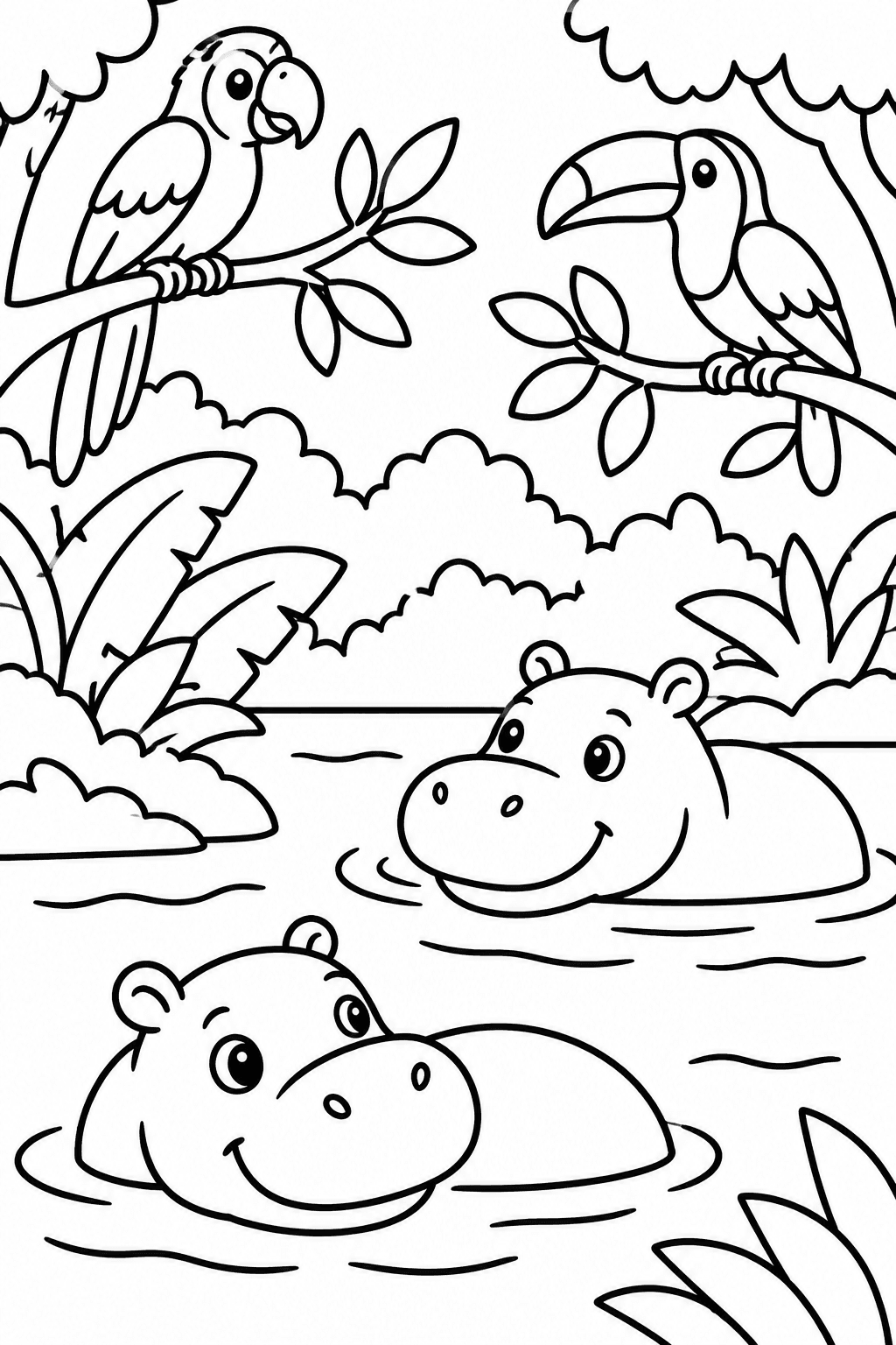 Jungle River Adventure coloring page: This coloring page depicts a vibrant jungle river scene with swimming hippos and colorful birds relaxing above. The atmosphere is lively and full of life.