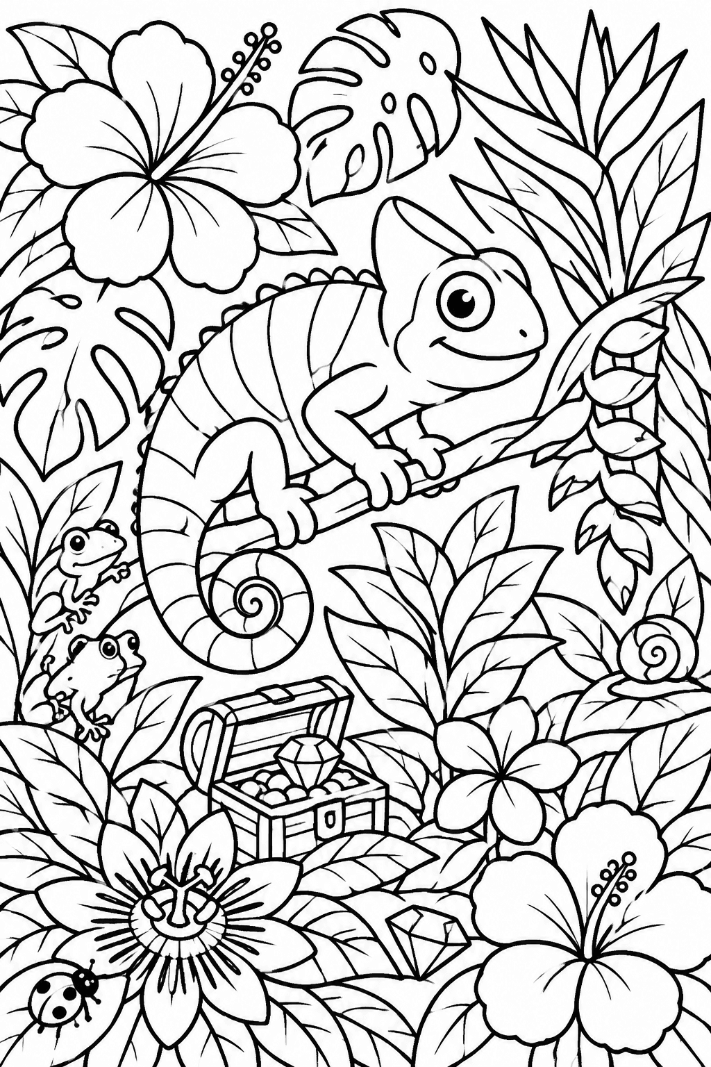Charming Chameleon’s Colorful Oasis coloring page: In this scene, a cheerful chameleon is surrounded by an exotic flower garden filled with vibrant plants and hidden treasures.