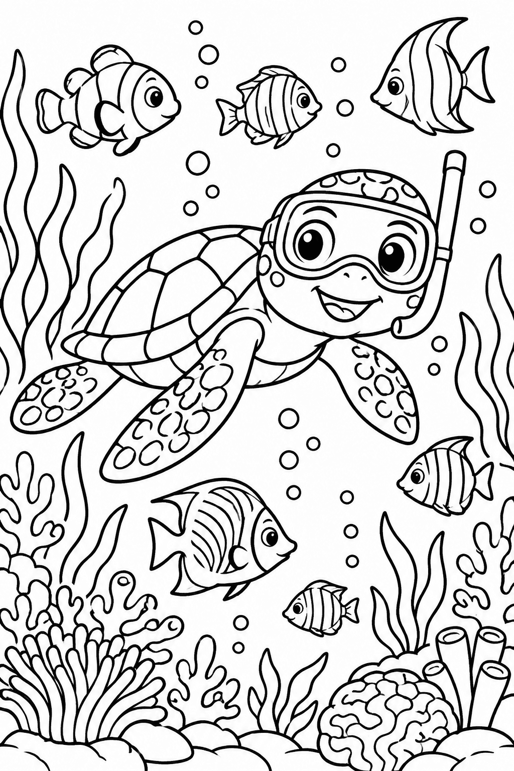 Snorkeling Sea Turtle Adventure coloring page: A cheerful sea turtle is snorkeling among a vibrant coral reef, surrounded by colorful fish and tropical plants in clear waters.