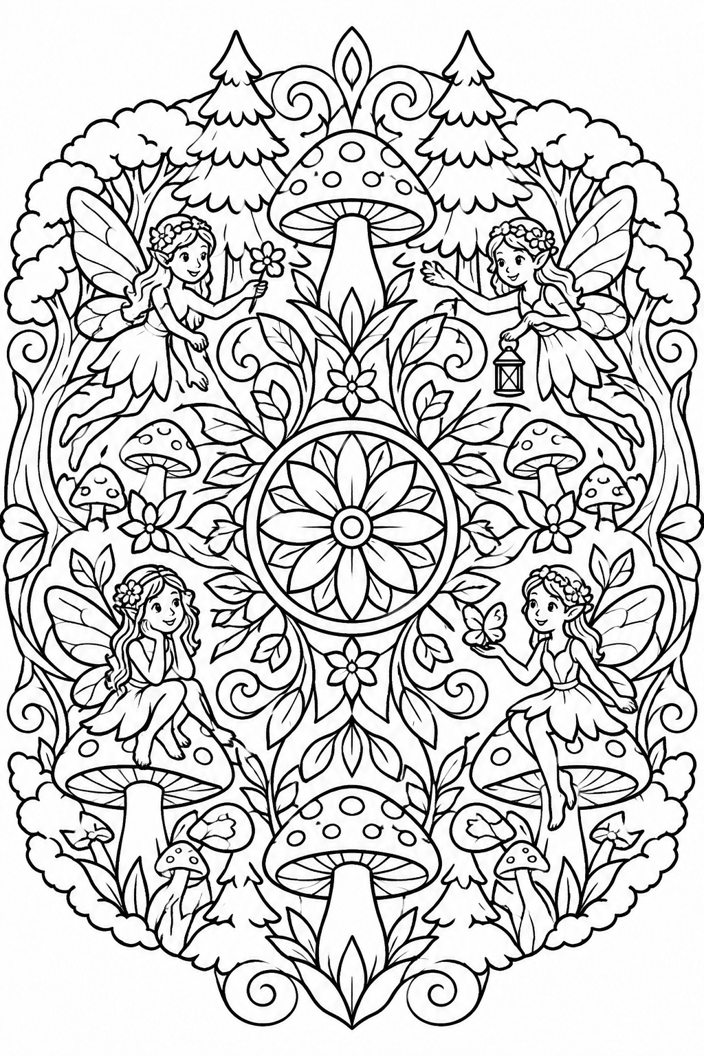 Magical Forest Mandala Magic coloring page: This enchanted forest mandala incorporates trees, mushrooms, and friendly fairies among swirling designs for a magical coloring experience.