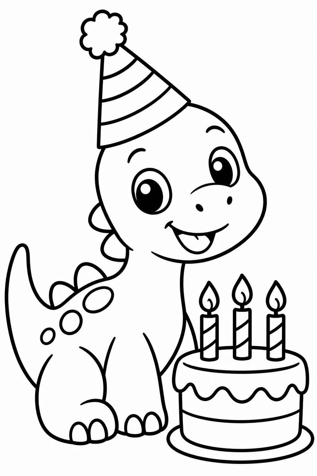 Dino Birthday Party coloring page: A friendly baby dinosaur is wearing a party hat and standing next to a birthday cake. It's a festive scene perfect for a celebration.