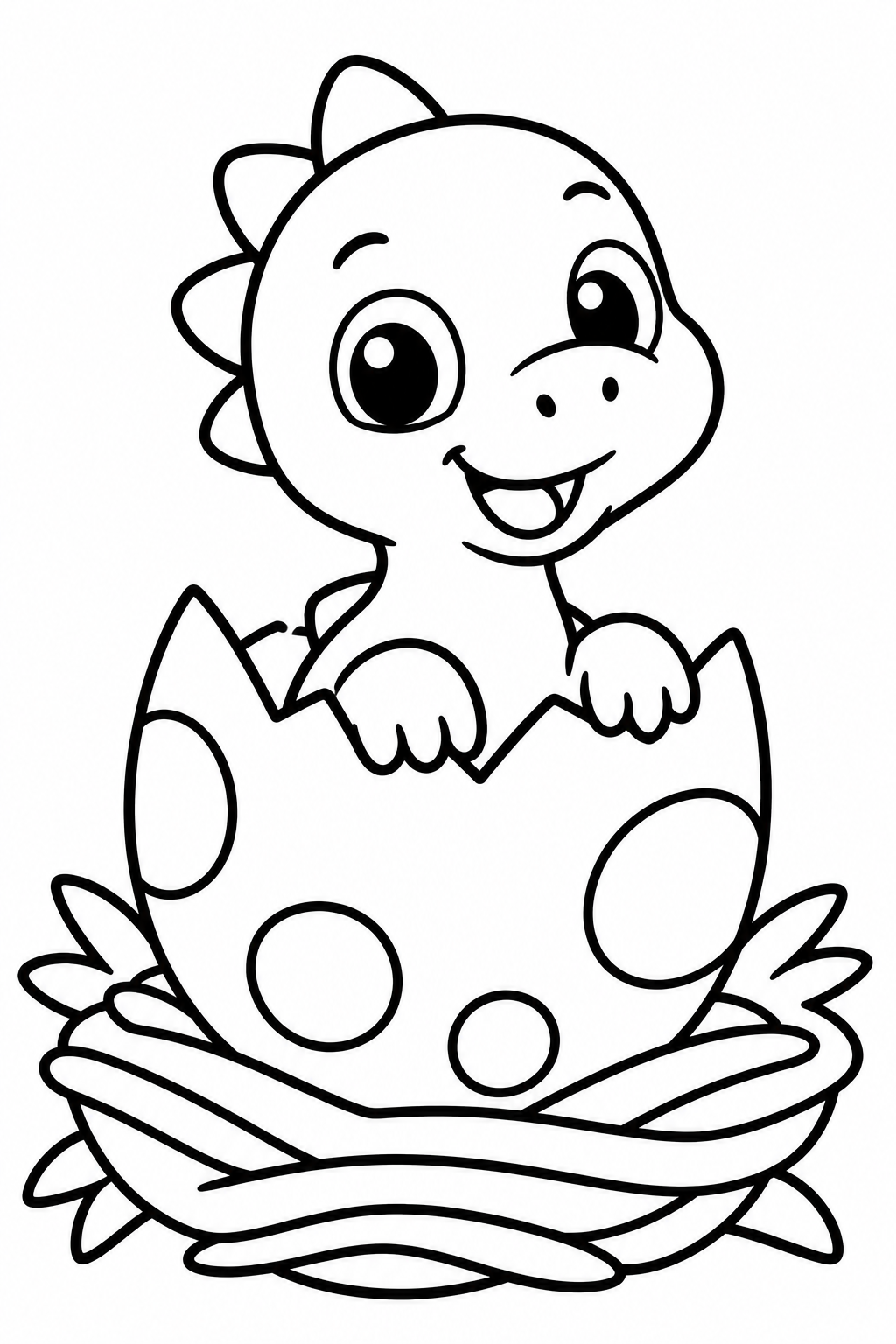 Hatching Dino Egg coloring page: A baby dinosaur is hatching from a cracked egg in a nest. This cute moment captures the excitement of new life.