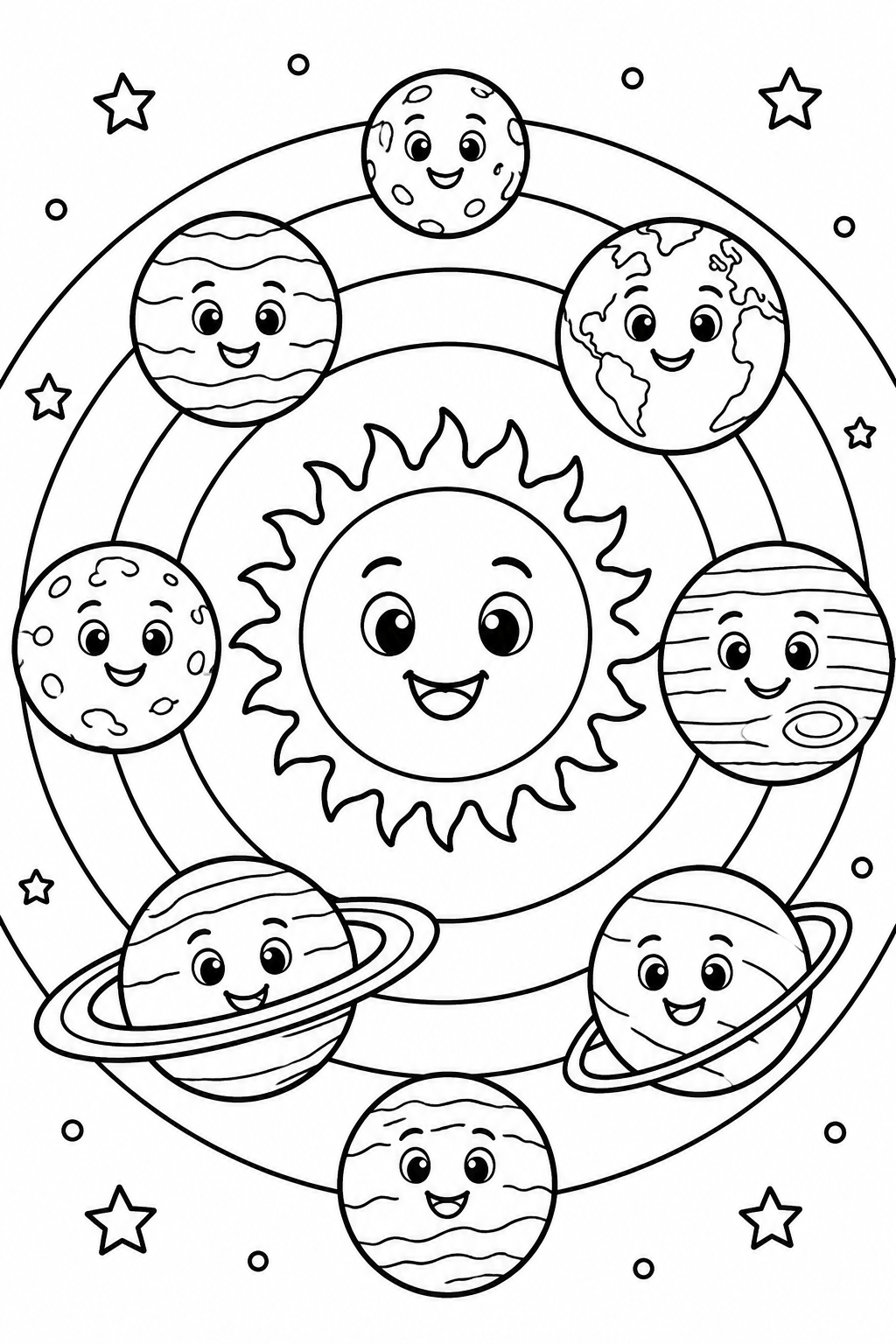 Planets Parade coloring page: The planets of the solar system are shown around the sun, each with smiling faces. This image brings the solar system to life in a friendly way.