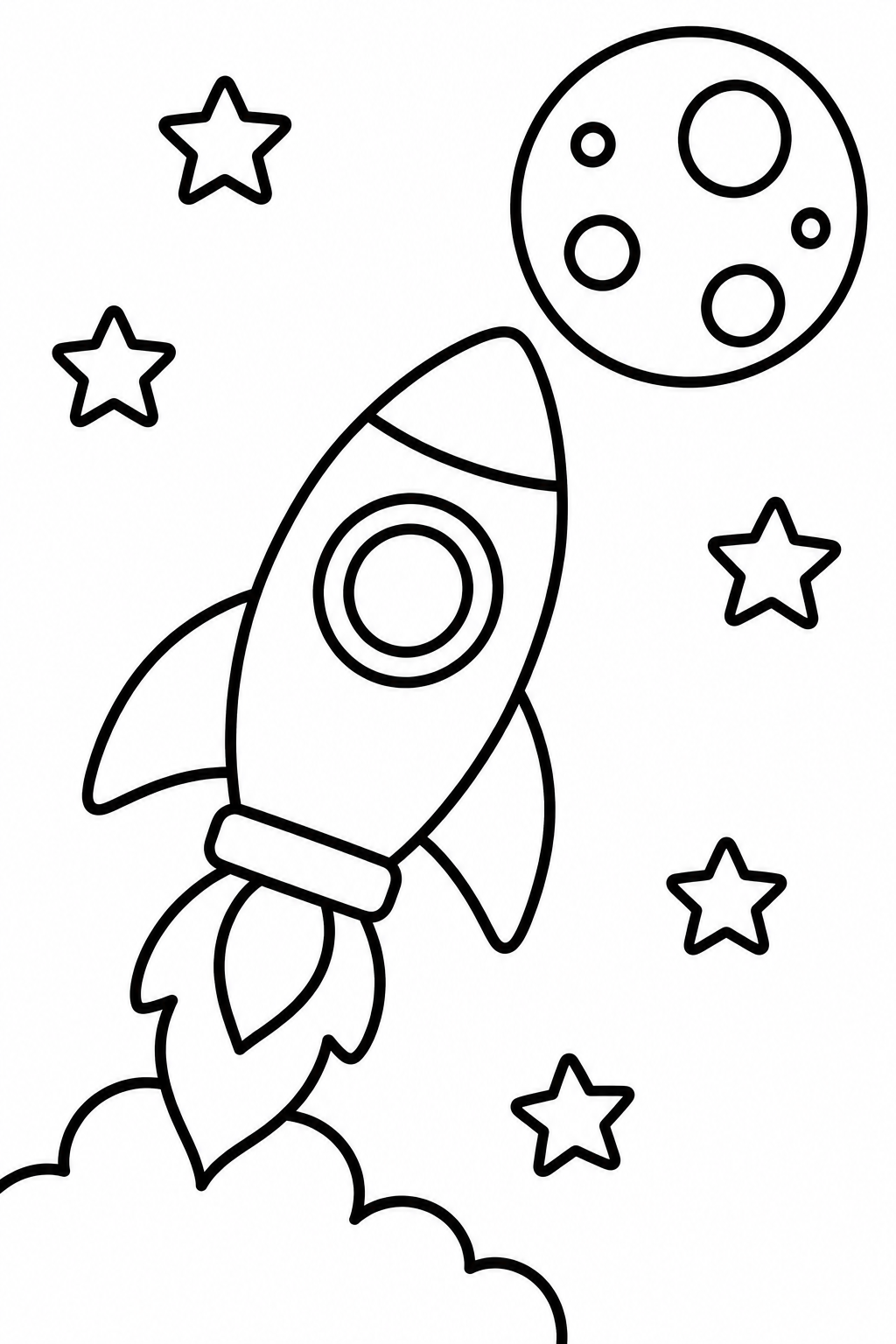 Rocket to the Moon coloring page: A rocket is blasting off toward the moon, surrounded by twinkling stars. This illustration captures the excitement of space travel.