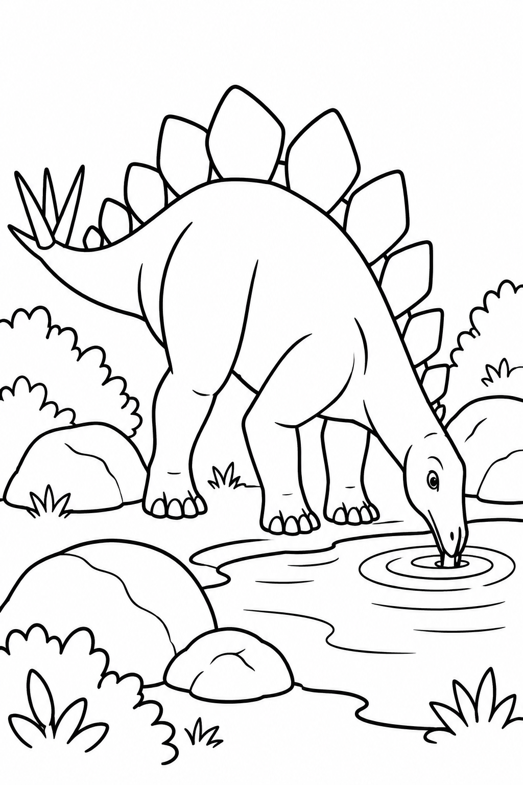Stegosaurus by the Pond coloring page: A stegosaurus is drinking from a pond surrounded by big rocks and simple bushes. This peaceful scene shows the dinosaur enjoying its natural habitat.
