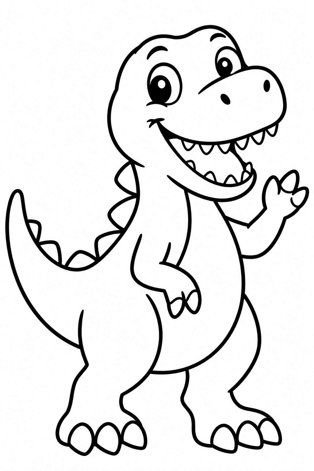 T. Rex Says Hello coloring page: A smiling T. Rex is waving hello. This friendly dinosaur is ready to greet you with a cheerful wave.