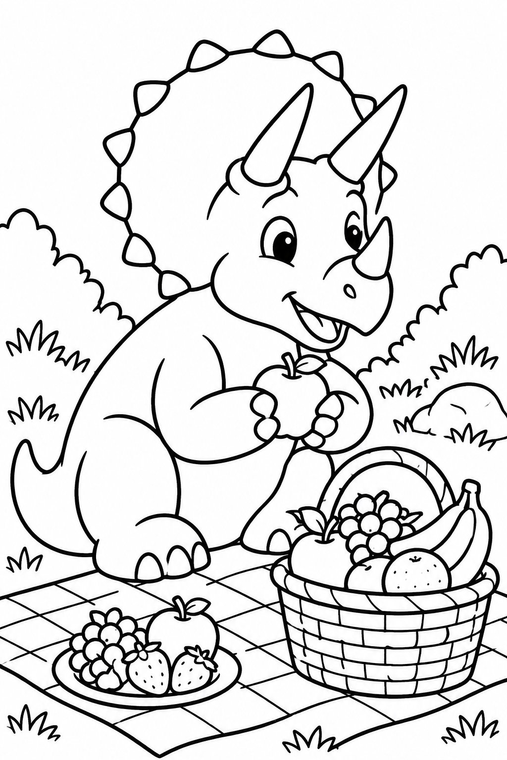 Triceratops Picnic coloring page: A triceratops is enjoying a picnic with a basket filled with fruit. The setting is cheerful and perfect for a fun outdoor meal.