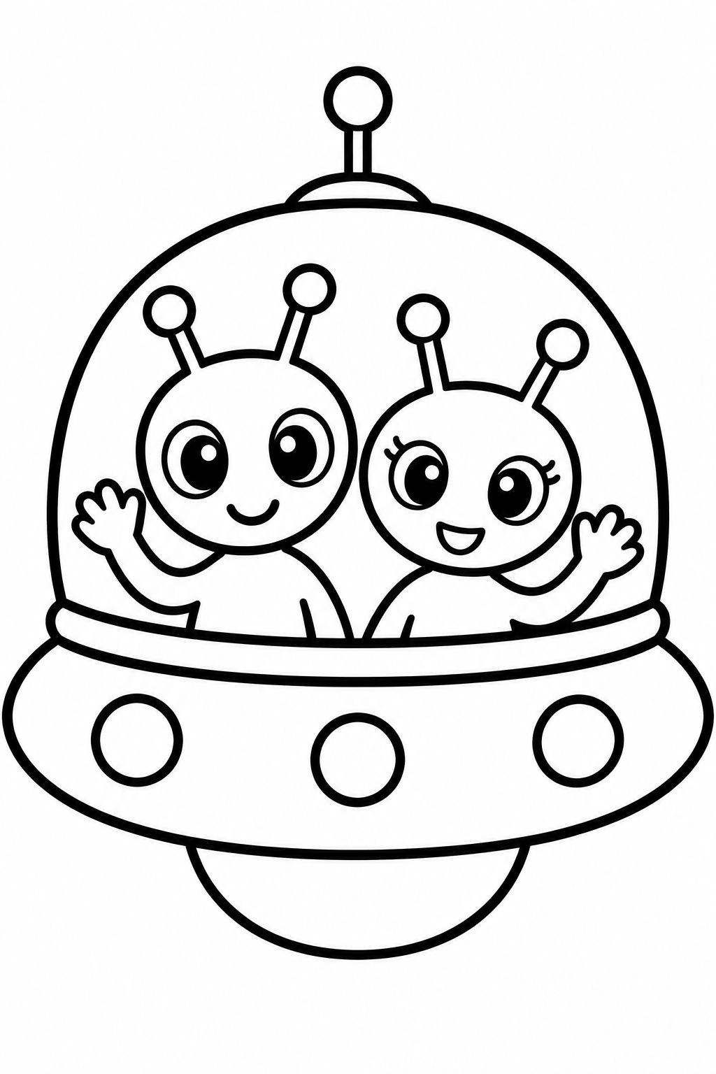 Alien Friends coloring page: Two friendly aliens are waving from their flying saucer in this fun scene. Kids will enjoy coloring these cute extraterrestrial characters.