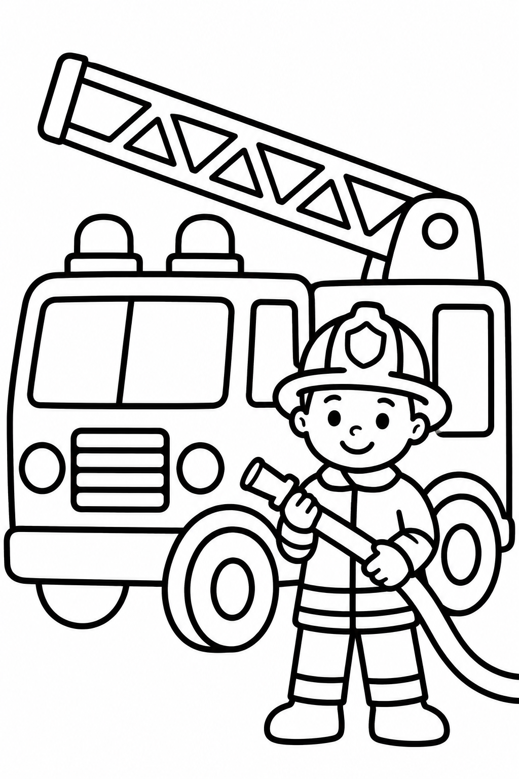 Big Fire Truck coloring page: This coloring page features a big fire truck with a tall ladder and a firefighter ready to help. Kids can color in the truck and imagine all the adventures of firefighting.