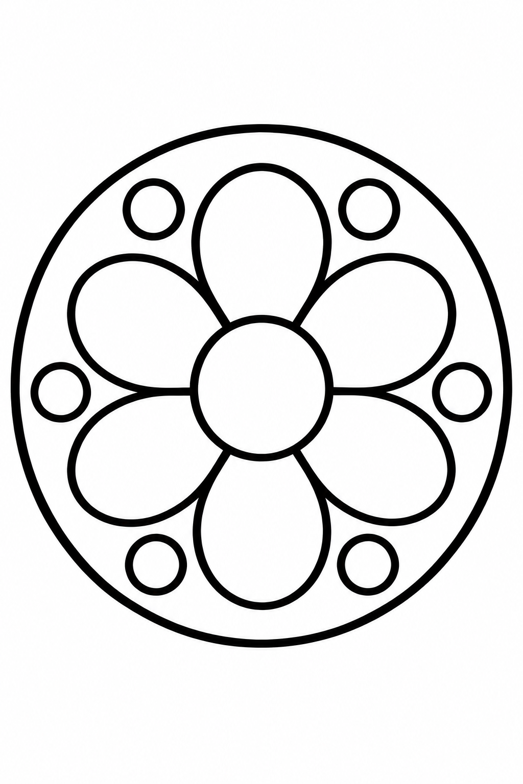 Big Simple Mandala coloring page: This coloring page features a big, simple round mandala with large shapes that are easy for young kids to color. It provides a fun way for children to explore patterns and creativity.