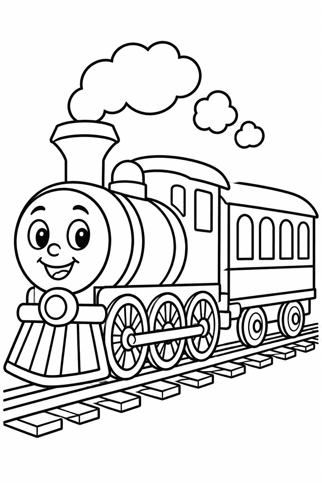 Choo-Choo Train coloring page: This picture shows a smiling steam train engine pulling one car along a simple track. It is a fun and friendly train scene for kids to color.