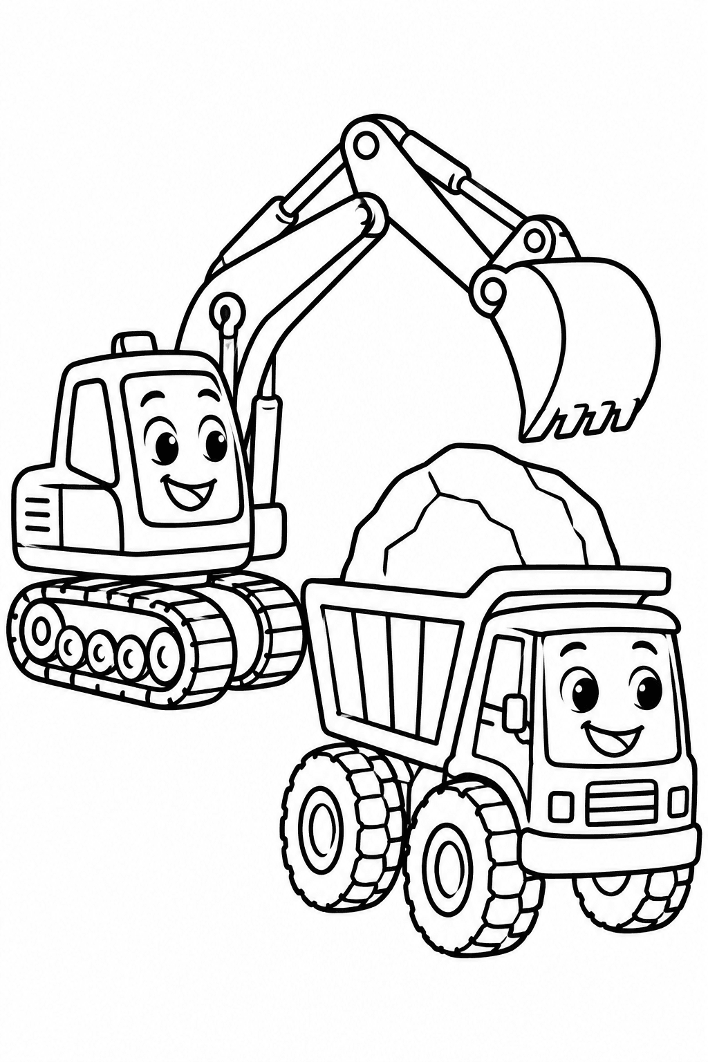 Construction Crew coloring page: This page features a smiling excavator next to a dump truck that is carrying a big rock. It shows the friendly side of construction vehicles working together.