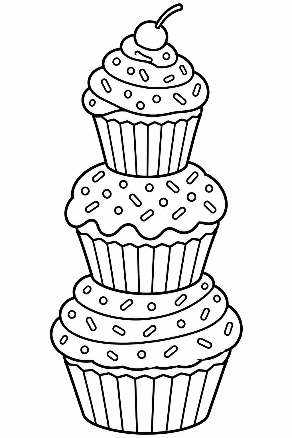 Cupcake Tower coloring page: This page features a tall tower of delicious cupcakes topped with colorful frosting and sprinkles. It's a fun and sweet treat for kids to color.