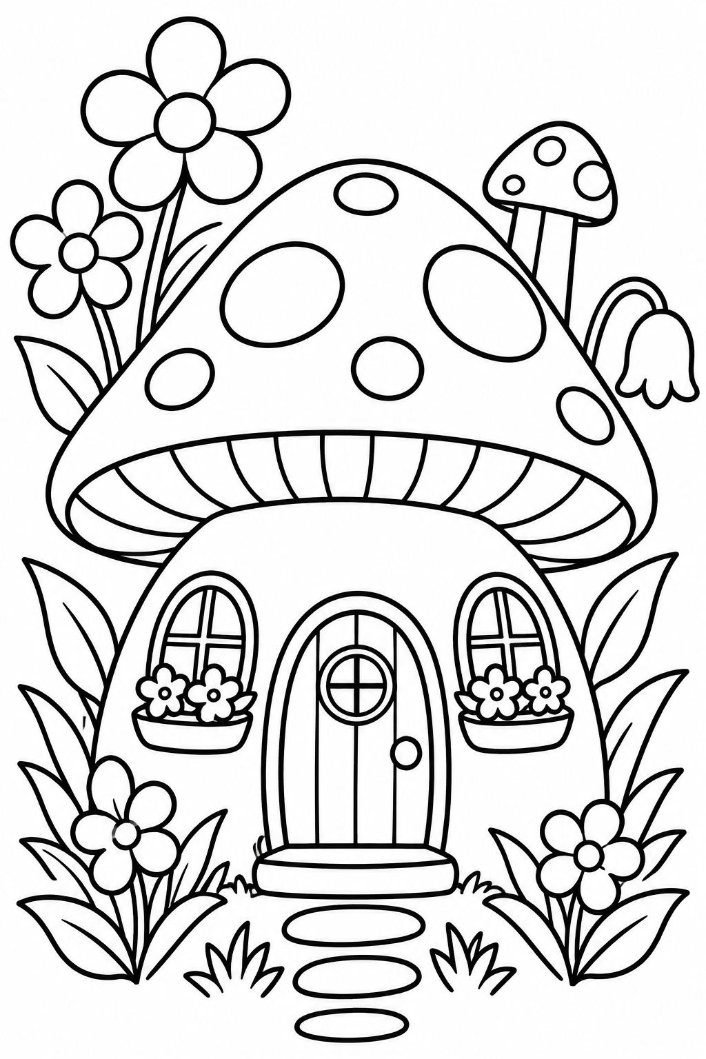 Fairy Garden House coloring page: This picture shows a tiny fairy house made from a mushroom, surrounded by colorful flowers. It creates a whimsical scene perfect for imaginative coloring.