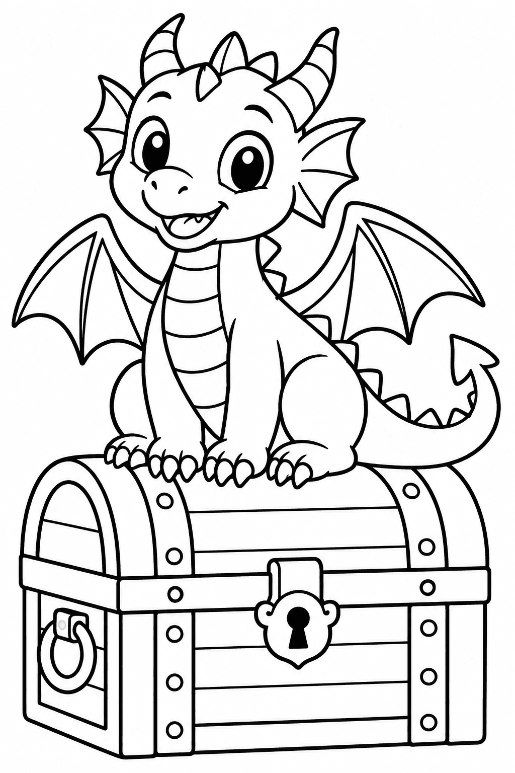 Friendly Dragon coloring page: A friendly baby dragon is sitting on a big treasure chest filled with gold and jewels. This cute dragon looks happy and playful, ready for an adventure.