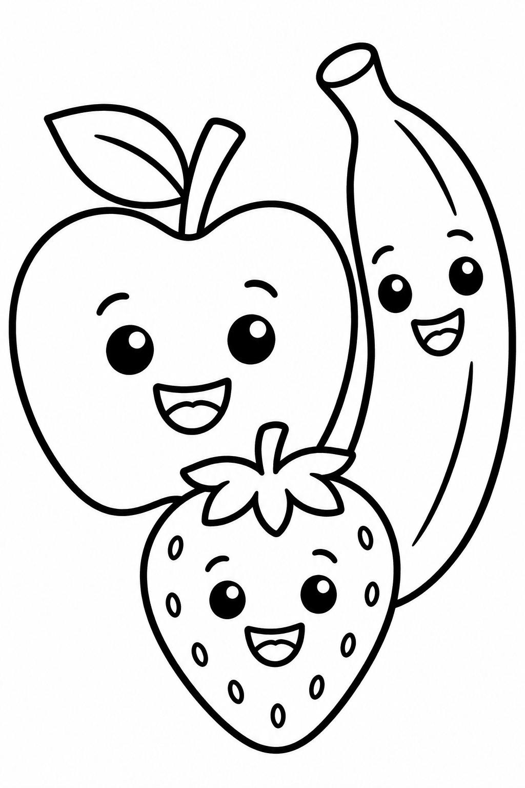 Fruit Friends coloring page: This page features a cheerful apple, banana, and strawberry, all with happy faces. They are designed to be fun and friendly for kids to color.