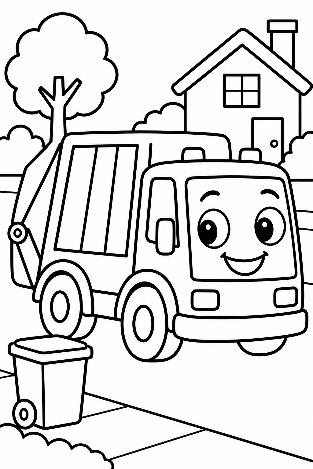 Garbage Truck Morning coloring page: This coloring page features a smiling garbage truck parked on a neighborhood street. It shows the truck ready to collect the trash with houses in the background.
