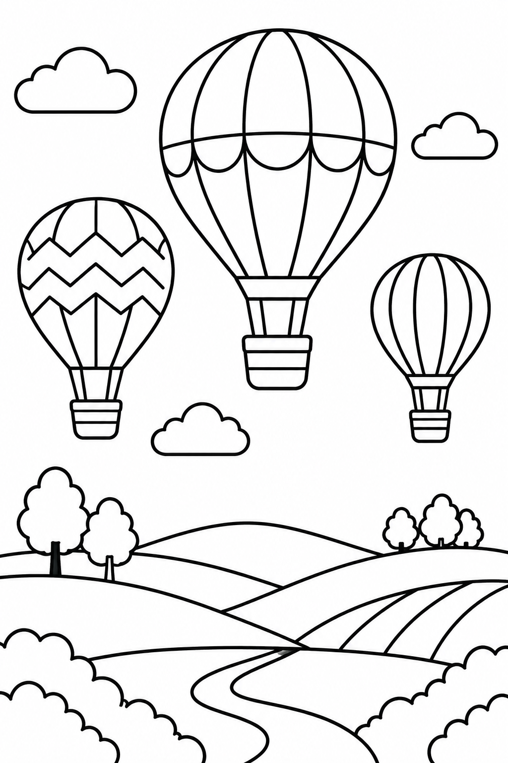 Hot Air Balloons coloring page: This picture shows three colorful hot air balloons floating gently over rolling hills. It's a peaceful scene perfect for coloring.
