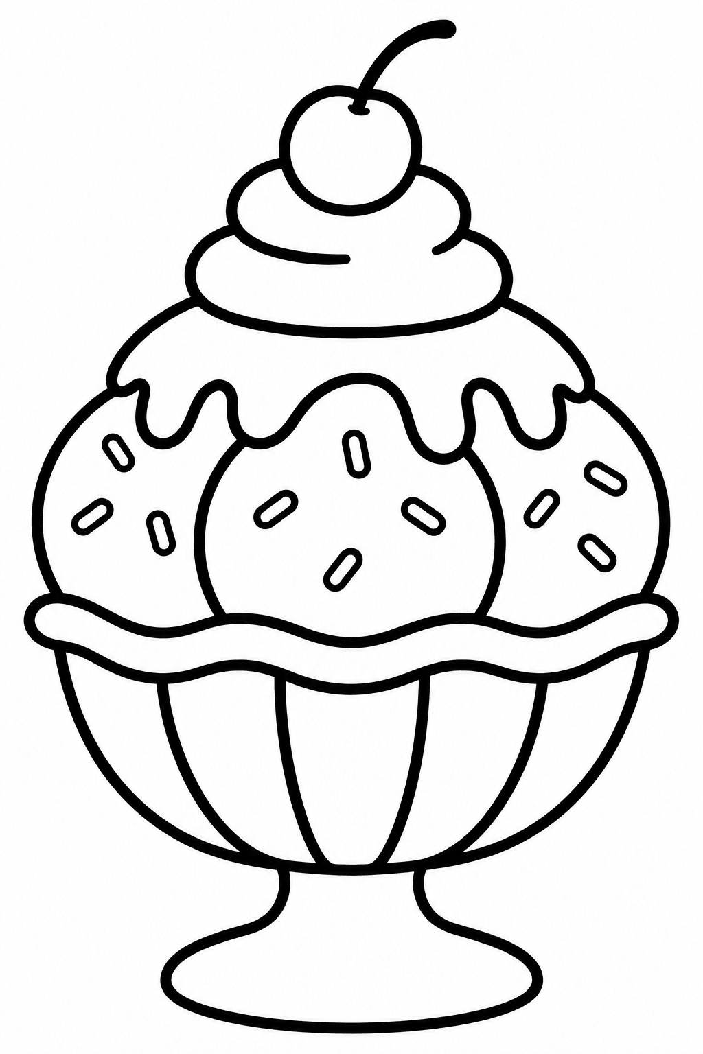 Ice Cream Sundae coloring page: This picture features a big ice cream sundae topped with a cherry. It is a delicious treat with scoops of ice cream and various toppings.