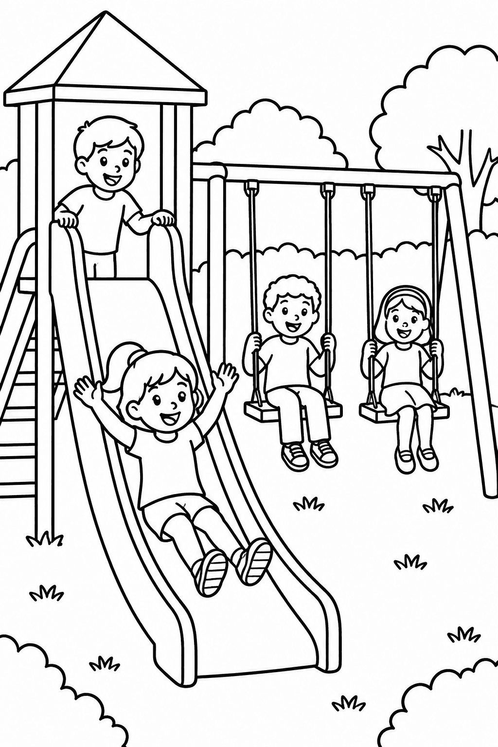 Kids at the Playground coloring page: This coloring page shows children having fun at a playground, playing on a slide and swings. It's a cheerful scene of kids enjoying their time outdoors.