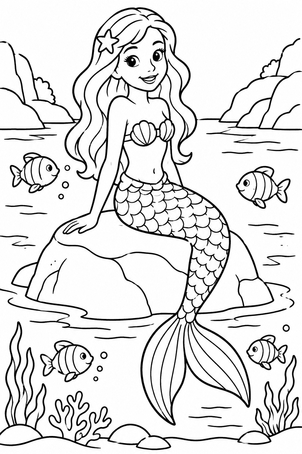 Mermaid Lagoon coloring page: A mermaid is sitting on a rock in a serene lagoon surrounded by colorful fish. This scene captures the magical underwater world.