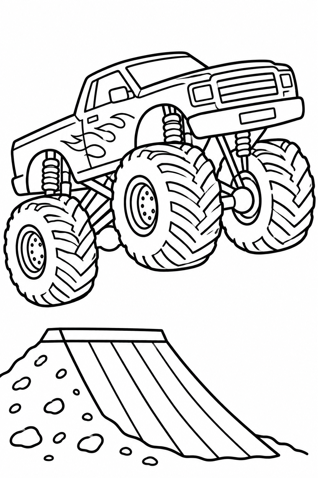 Monster Truck Jump coloring page: A monster truck with huge wheels is jumping over a ramp. The scene captures the excitement of the truck in mid-air.