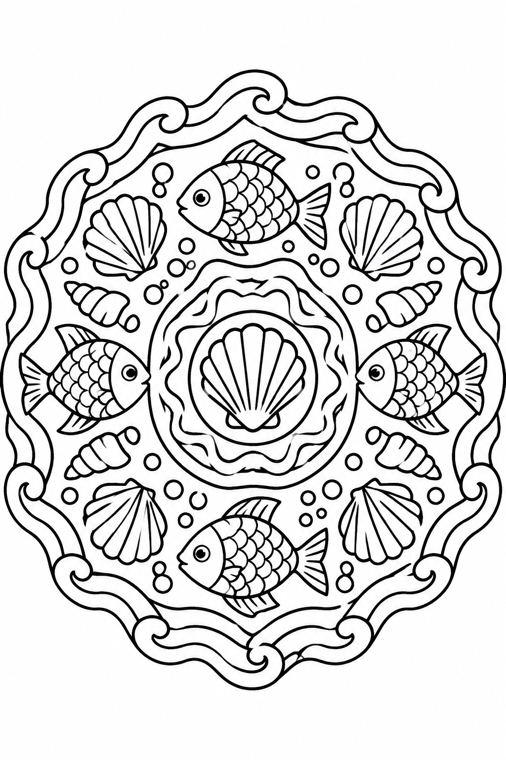 Ocean Mandala coloring page: This page features a round mandala design filled with fish, shells, and waves. It's a fun and creative way to explore ocean themes through coloring.