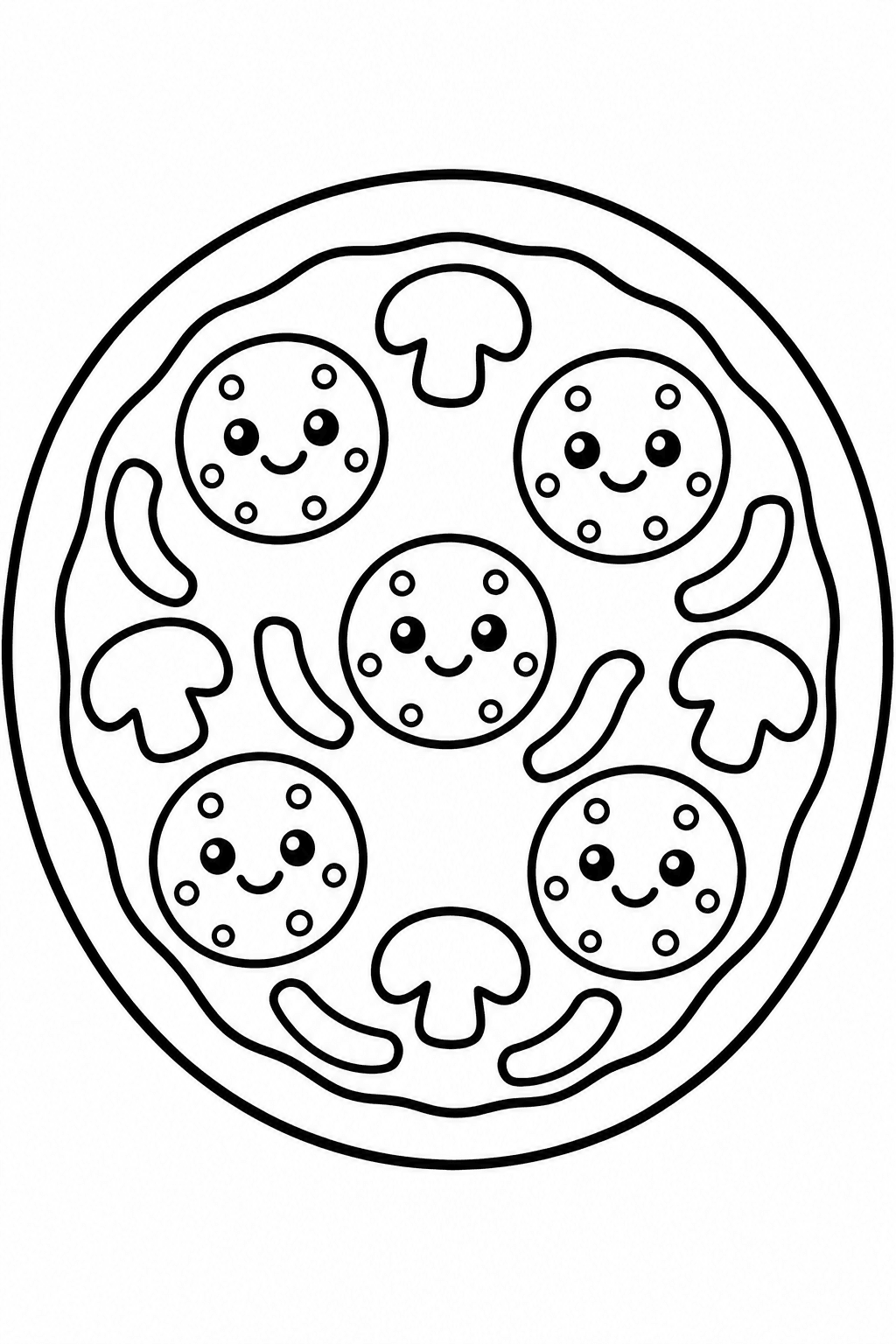 Pizza Party coloring page: This coloring page features a delicious pizza topped with smiling pepperoni slices. Kids can enjoy adding their favorite colors to this fun pizza party scene.