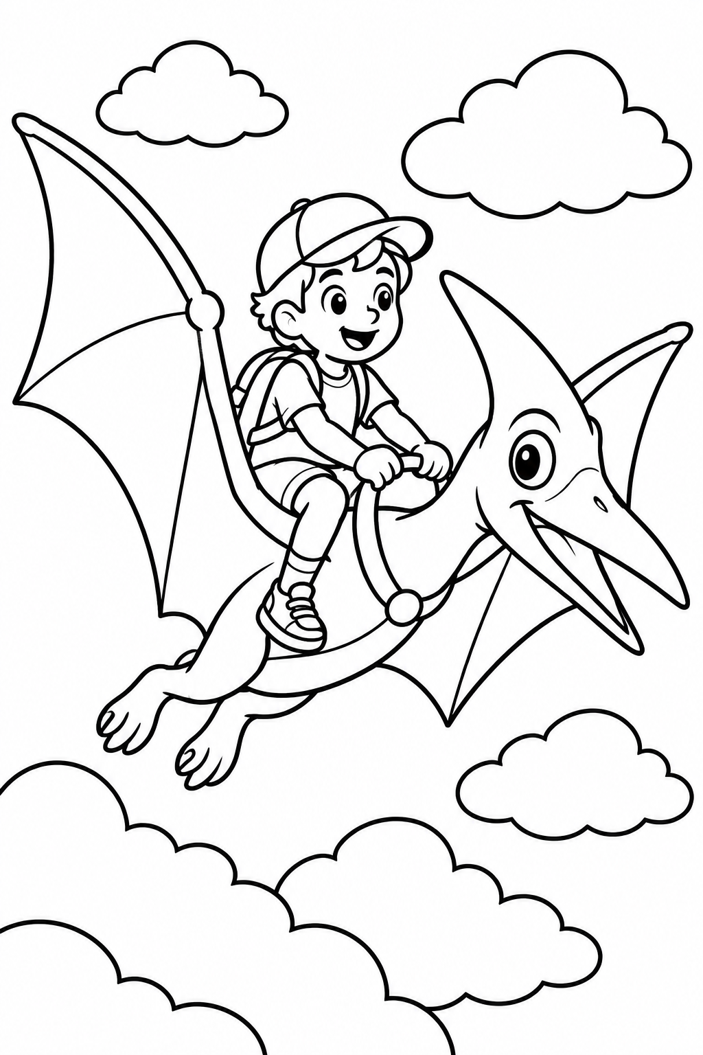 Pterodactyl Sky Ride coloring page: A child is riding a friendly pterodactyl soaring over fluffy clouds. This page is perfect for kids who love dinosaurs and adventure.