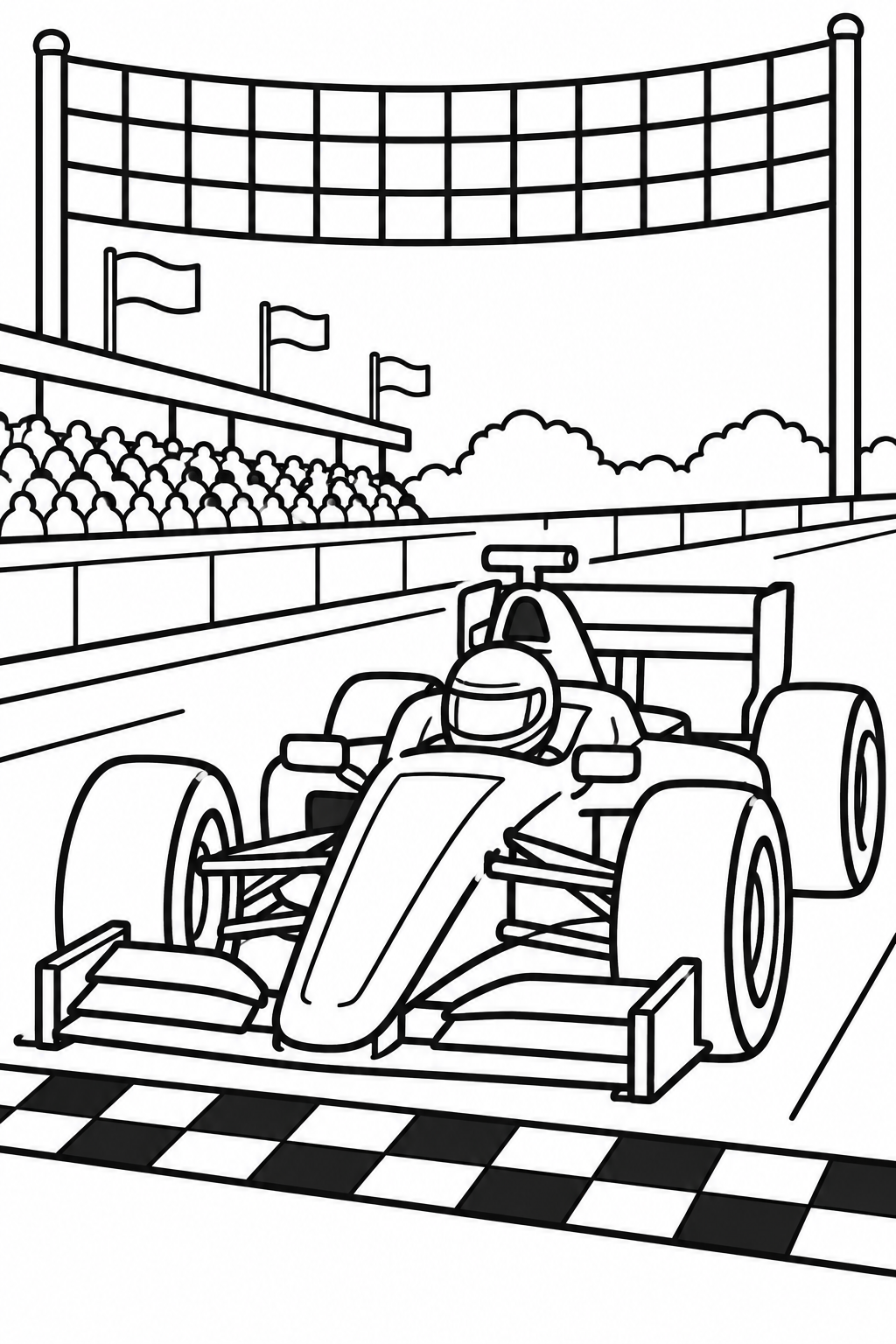 Race Car Finish Line coloring page: A race car is crossing a checkered finish line, celebrating its victory. The scene captures the excitement of a race day.