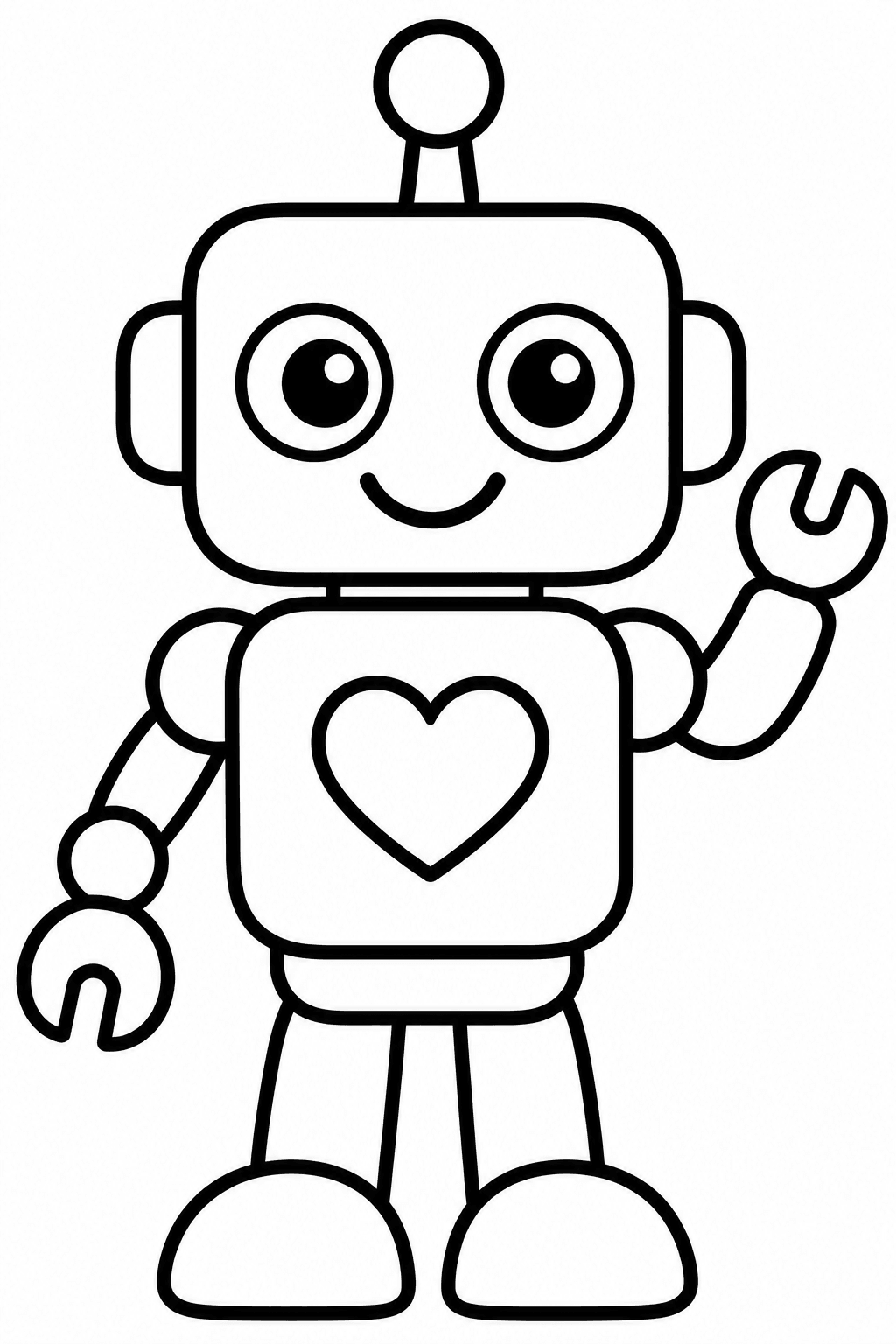 Robot Buddy coloring page: This coloring page features a friendly robot with a heart on its chest, ready to make new friends. It has a simple design that kids will enjoy coloring.