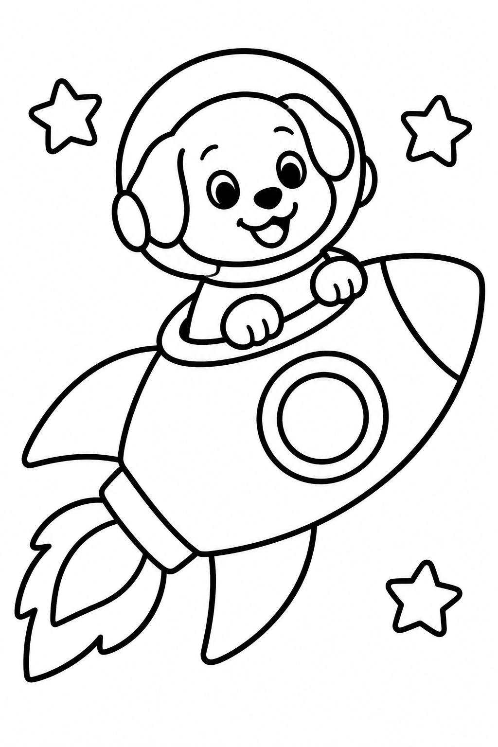 Rocket Dog coloring page: A cute puppy in a space helmet is flying a little rocket through space. This fun page is great for dog lovers and space enthusiasts.